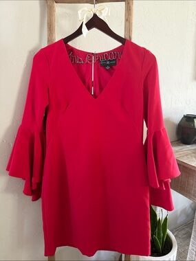Betsy Adam Bright Red V-Neck Ruffle Sleeve Mini Dress